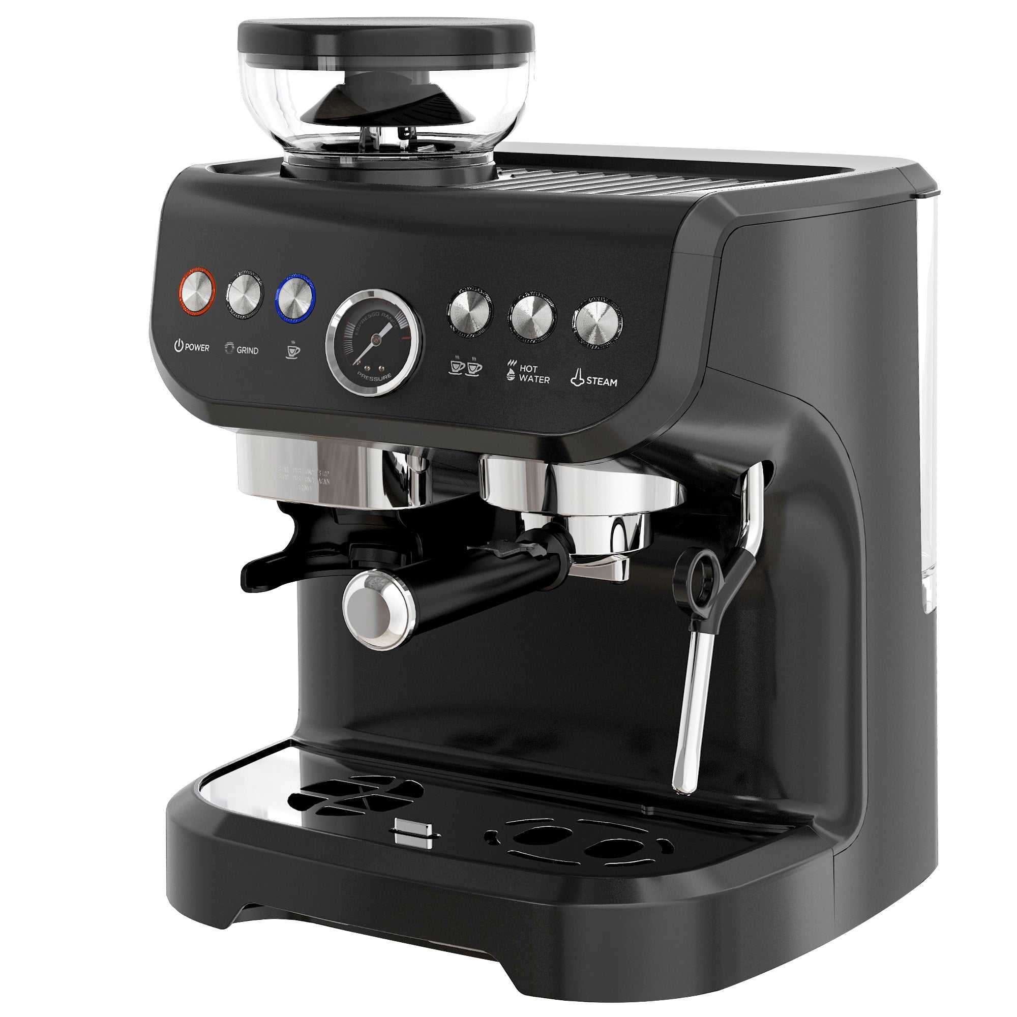 Automatic 15 Bar Coffee Machine with Adjustable Grind and Steamer - Black