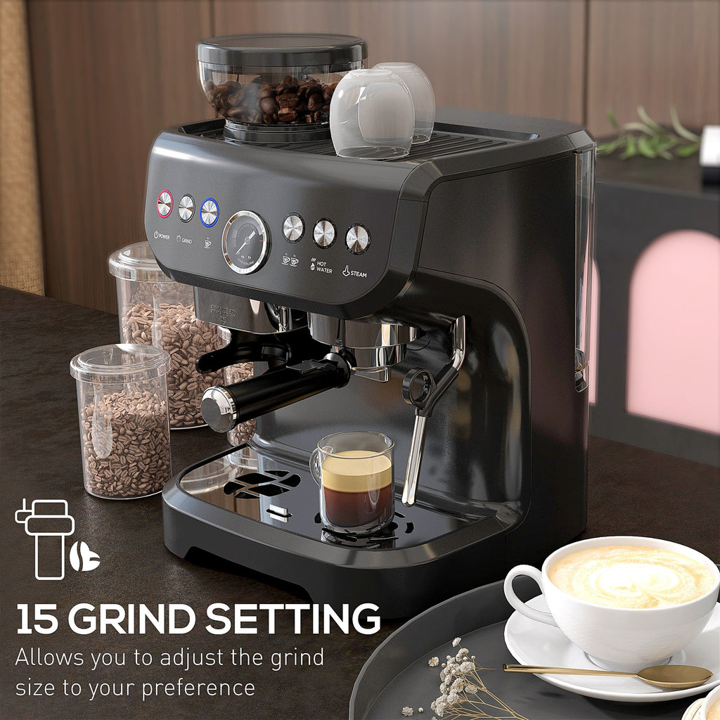 Automatic 15 Bar Coffee Machine with Adjustable Grind and Steamer - Black